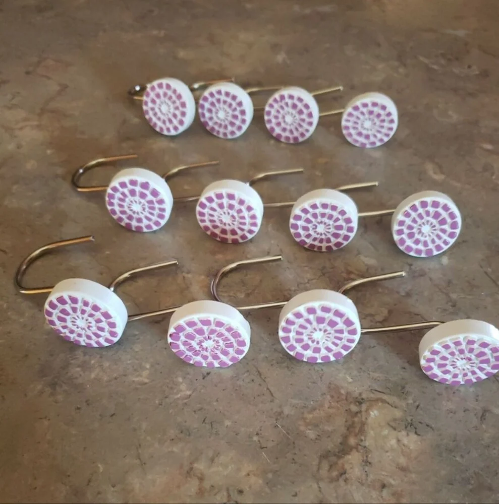 New Medallion White & Purple Ceramic Mosaic Shower Curtain Hook Set Of 12